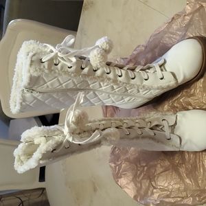 White and brown Jellypop fur puff pom pom wedge heeled knee high boots 9.5